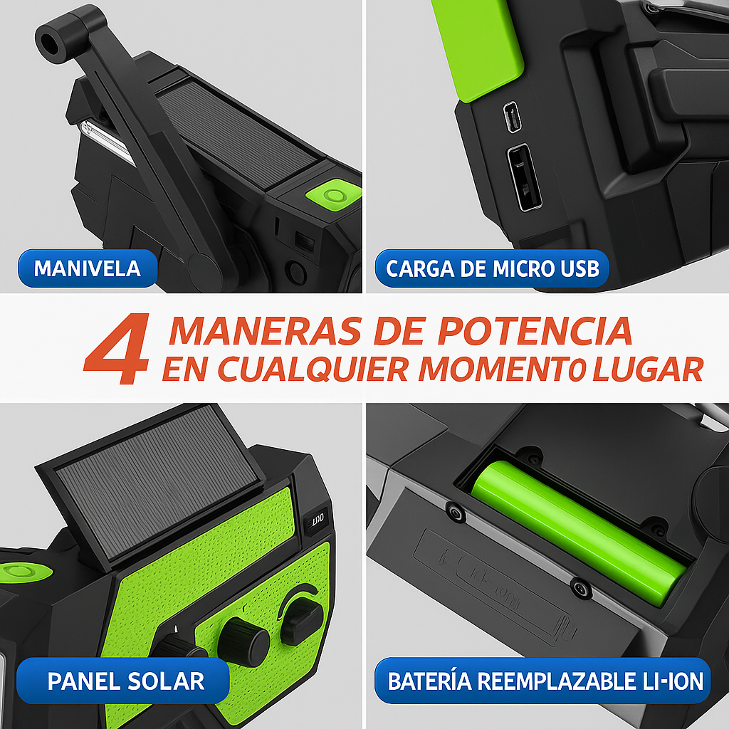 Radio portátil solar 4 en 1 para emergencias y aventuras