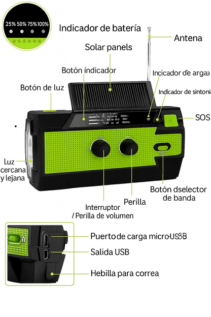 Radio portátil solar 4 en 1 para emergencias y aventuras